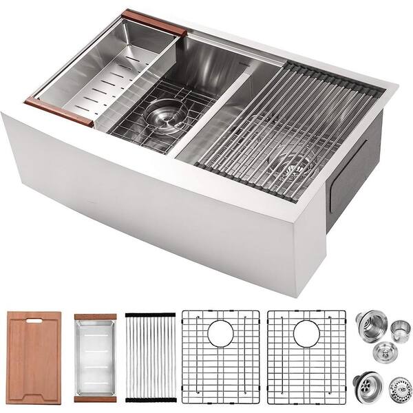 LORDEAR 33 in. Farmhouse/Apron-Front Double Bowl 16 Gauge Stainless Steel Workstation Kitchen Sink with Low Divider