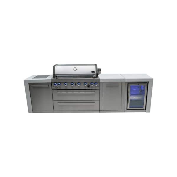 Deluxe Series 6 Burner Modular Outdoor Kitchen Propane Natural Gas BBQ Grill Island with Refrigerator in Stainless Steel