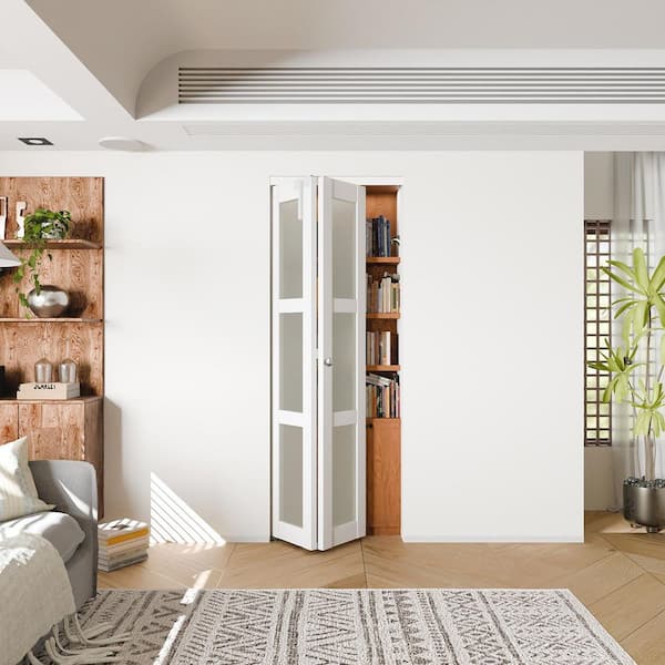 TENONER 30 in. x 80 in. 3-Lite Frosted Glass Solid Core White PVC Covering MDF Bi-fold Doors with Locks and Handles