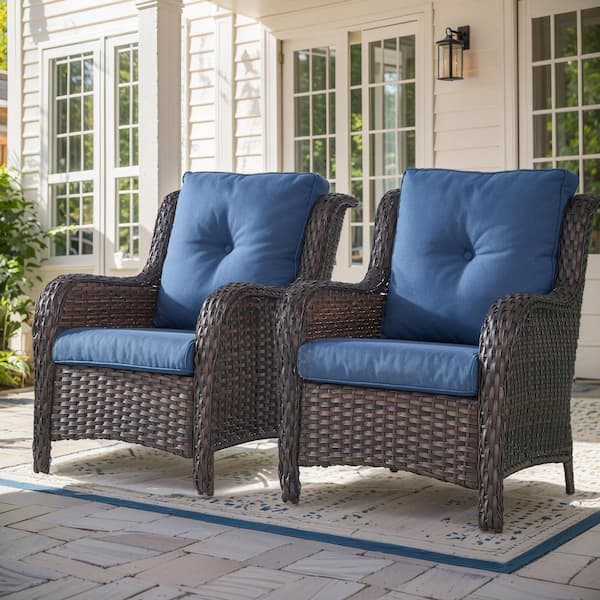 4-Piece Patio Brown Wicker Outdoor Chat Sets with Blue Olefin Cushions and Matching Ottomans