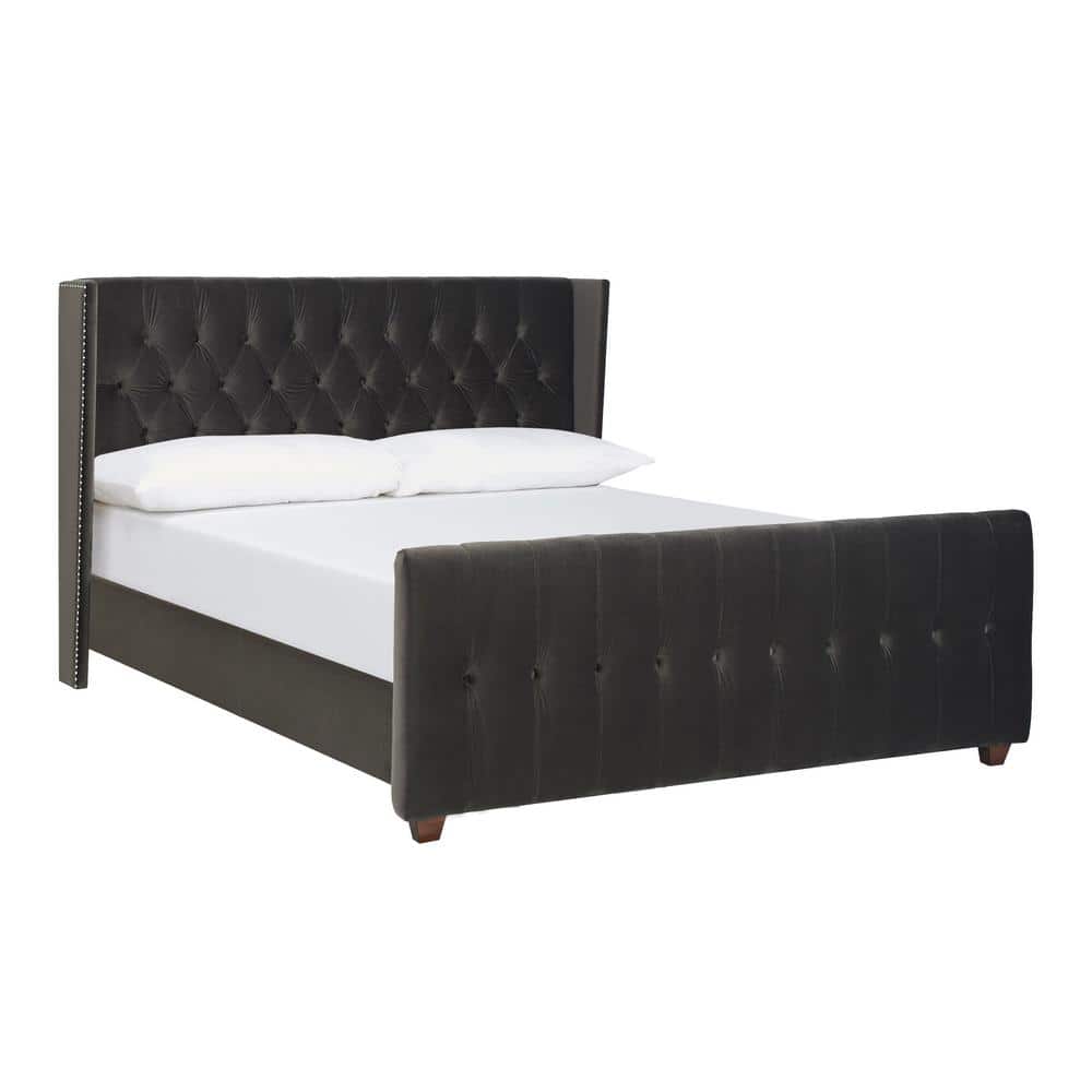 David King Pine Wood Upholstered Tufted Bed with Nailhead Trim