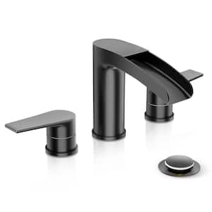 Matte Black Waterfall Widespread 3 Hole Bathroom Faucet, Modern Bathroom Faucet with Pop Up Drain and Water Supply Lines