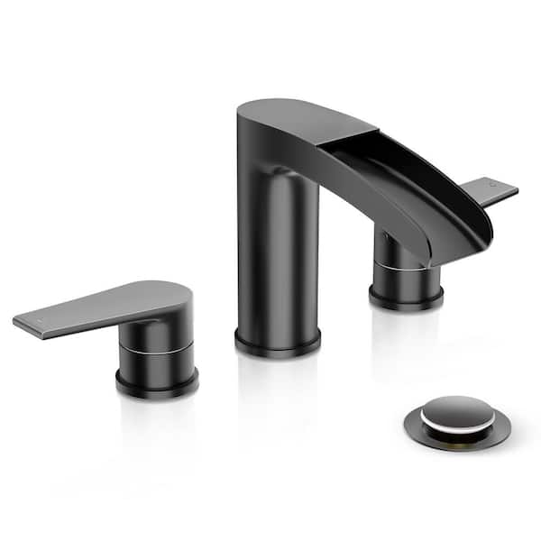 Unbranded Matte Black Waterfall Widespread 3 Hole Bathroom Faucet, Modern Bathroom Faucet with Pop Up Drain and Water Supply Lines