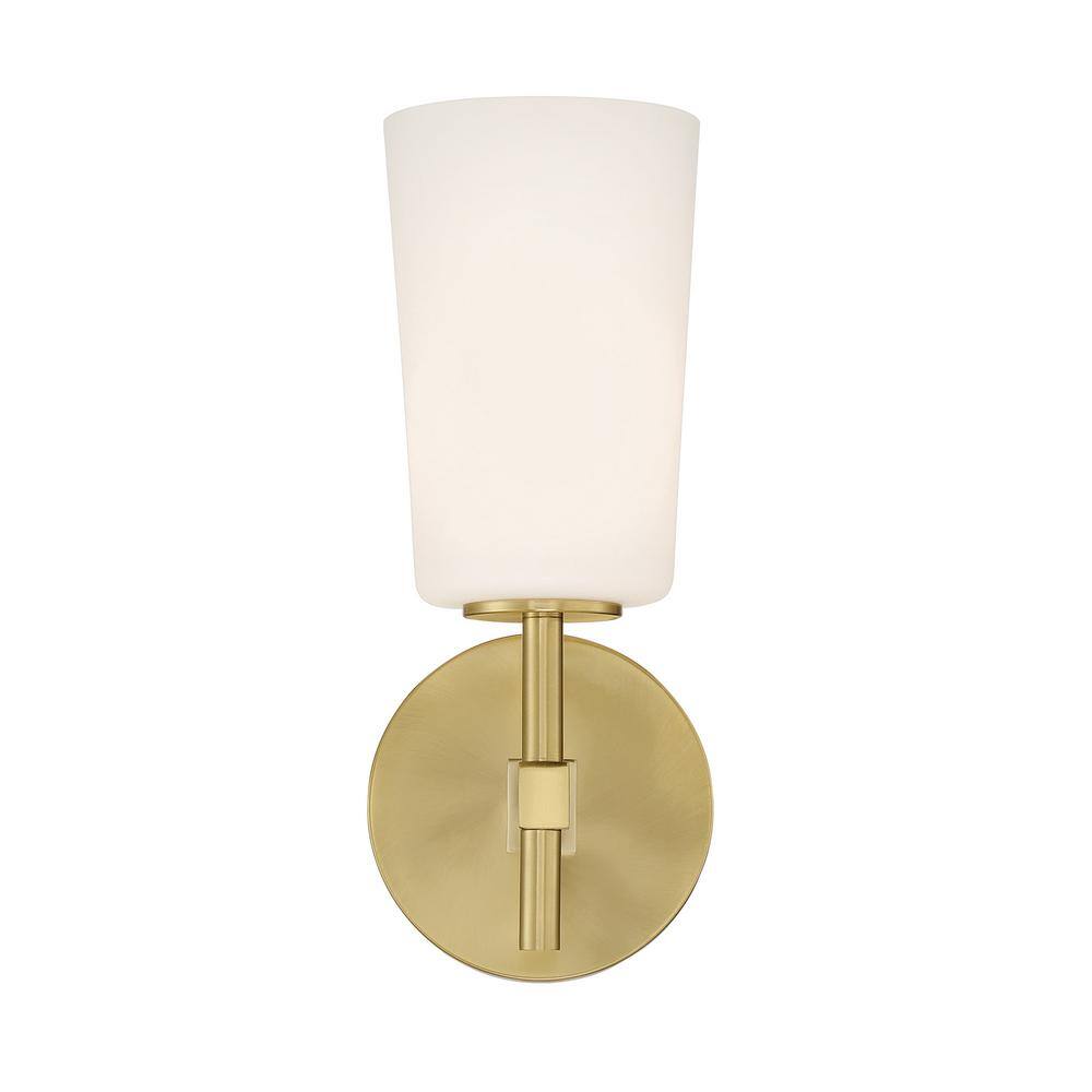 Aged Brass Vanity Sconce with White Glass Shade