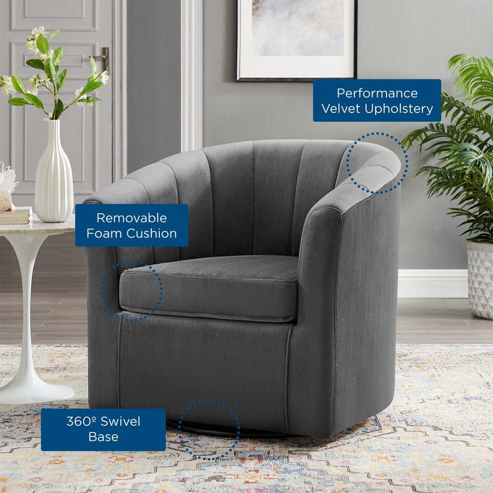 Charcoal Velvet Channel Tufted Swivel Barrel Chair