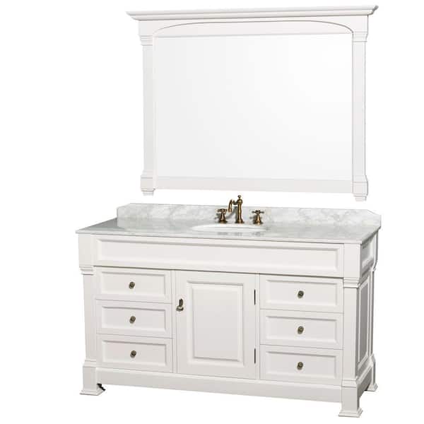 Wyndham Collection Andover 60 in. Single Vanity in White with Marble Vanity Top in Carrara White with Porcelain Sink and Mirror