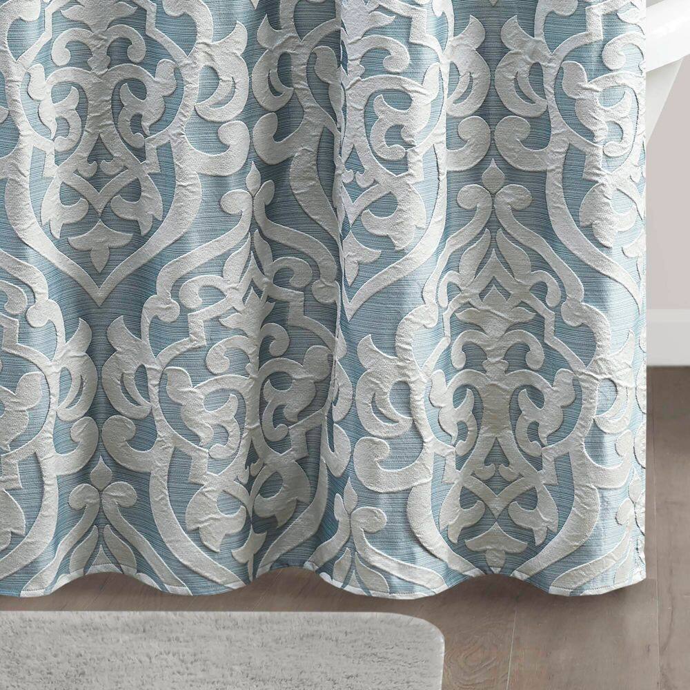 Aqua and Silver Damask Jacquard Fabric Shower Curtain
