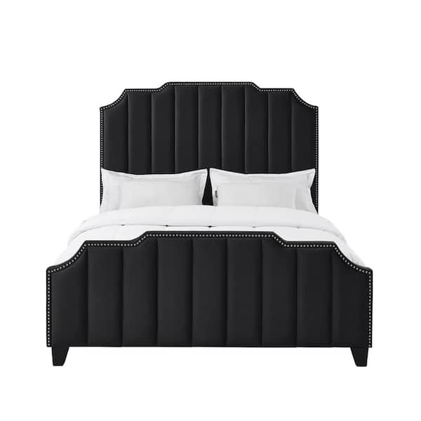 Inspired Home Aizen Black Bed Frame Material Wood King Size Platform Bed with Upholstered Velvet Features