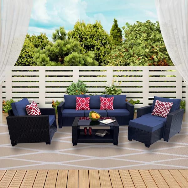 Unbranded 7-Piece Dark Coffee PE Rattan Wicker Outdoor Sectional Sofa Sets with Blue Cushions and Coffee Table