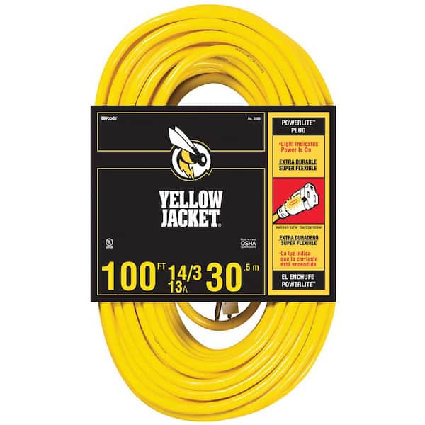 Yellow Jacket 100 ft. 14/3 SJTW Outdoor Heavy-Duty 13 Amp Contractor Extension Cord with Power Light Plug