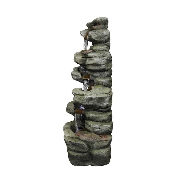 30. 7in. H Resin 6-Tier Cascading Rock Tiered Fountain with LED Lights for Garden and Patio Decor