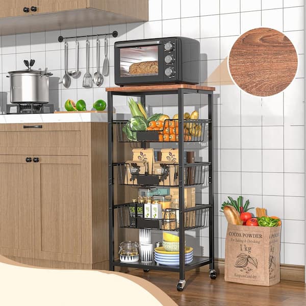 Wudkey Black Kitchen Storage Cart with Baskets, 5-Tier Organizer