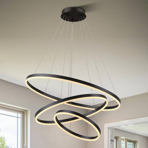 31 in. 3-Light Rings Circle Modern Dimmable Black Integrated LED Chandelie Geometric Adjustable Styling Tiered, Remote