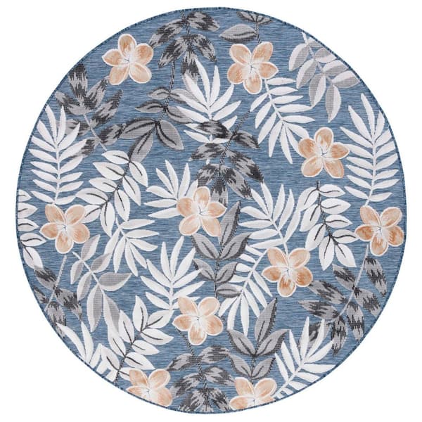Cabana Blue/Gray 6 ft. x 6 ft. Botanical Floral Indoor/Outdoor Round Area Rug