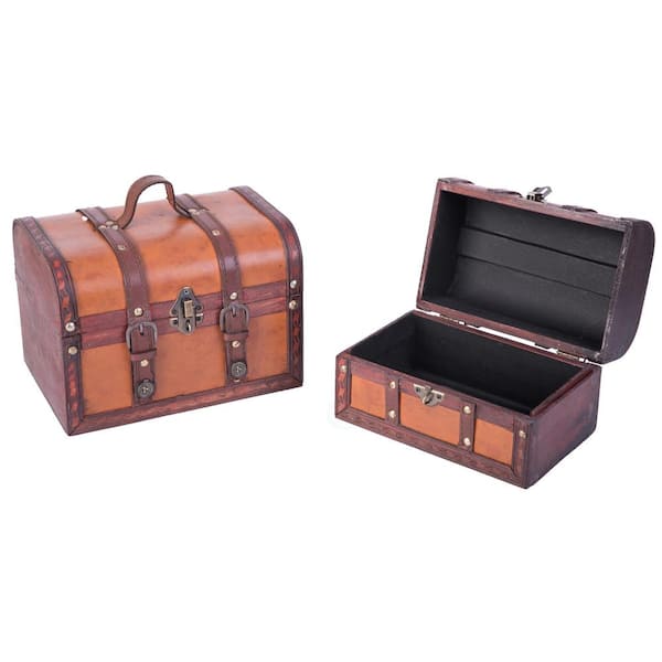 Vintiquewise 9.8 in. x 7 in. x 7 in. Wood Faux Leather Decorative Faux Leather Treasure Boxes, Set of 2 Sizes