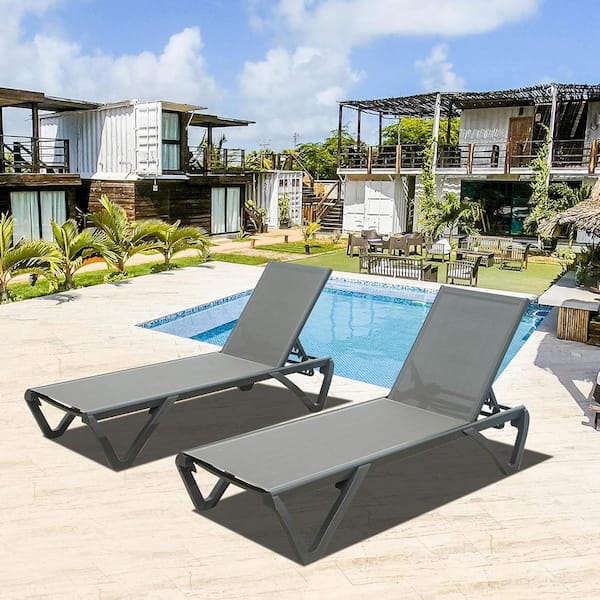 Unbranded Outdoor Lounge Chair, 2-Pieces Aluminum Patio Chaise Lounge with 5-Position Adjustable Backrest Gray