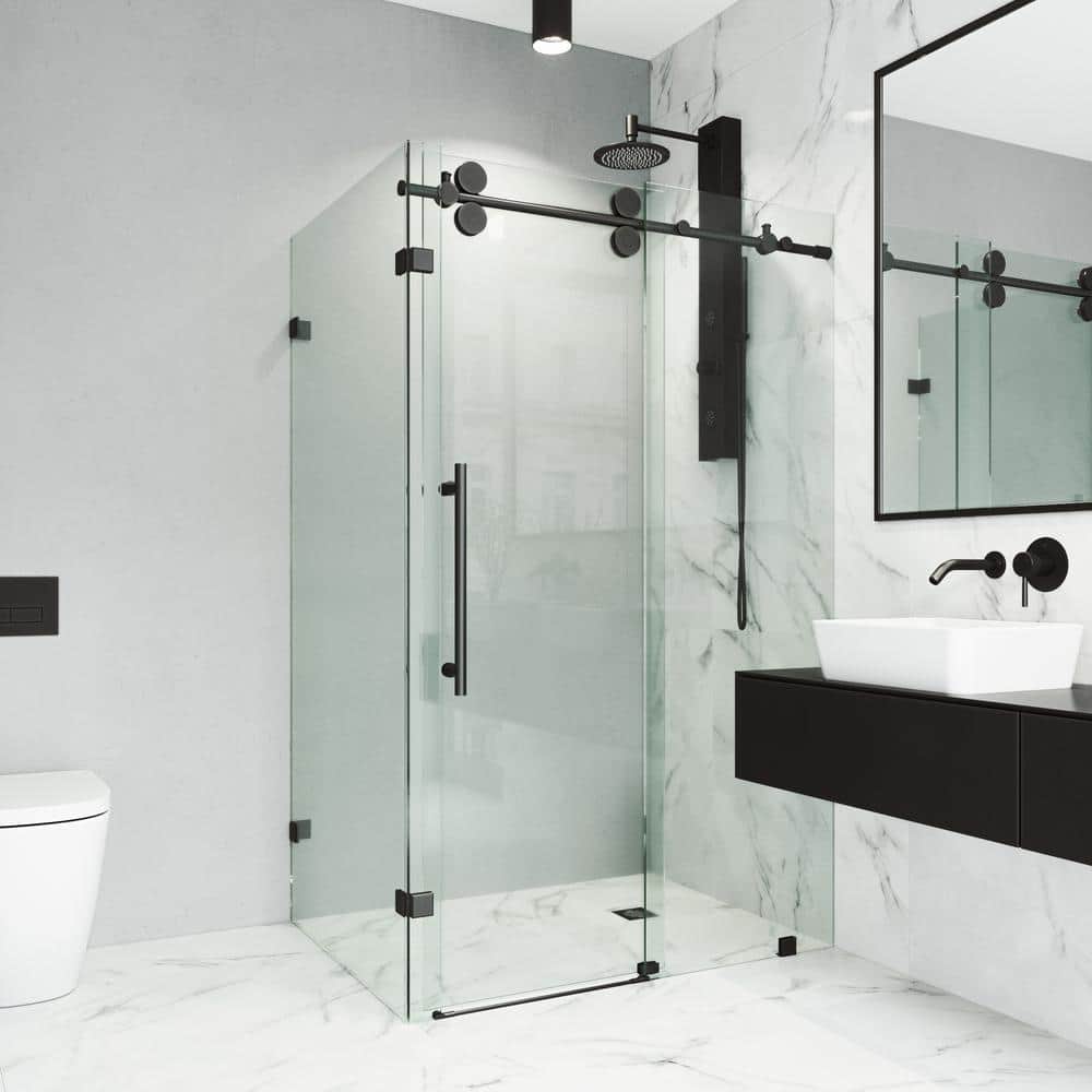 Winslow 46" Matte Black Frameless Sliding Shower Enclosure with Clear Glass