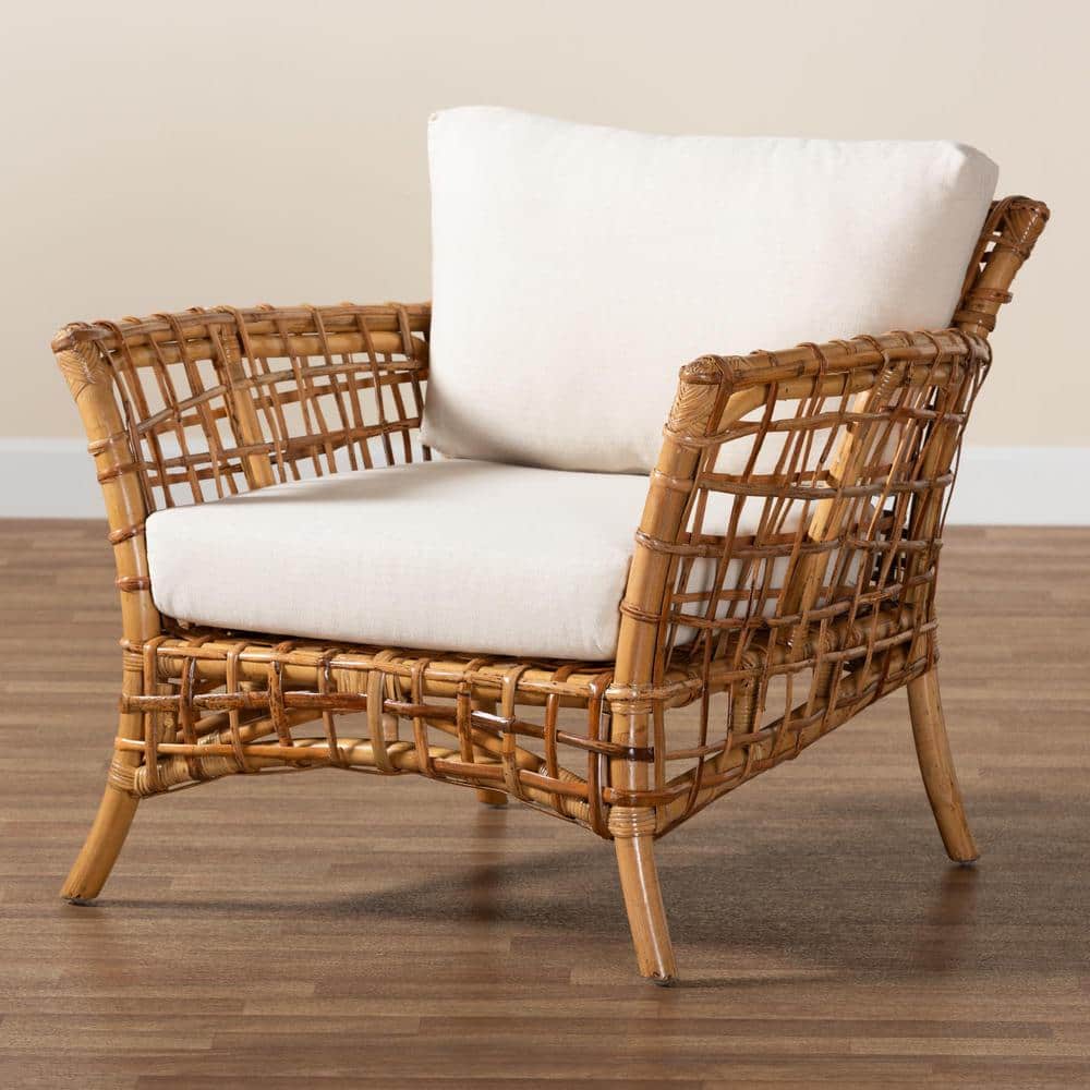 Handcrafted Natural Brown Rattan Accent Chair with Cushions