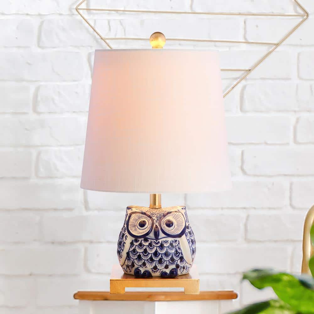 Justina Blue Ceramic Owl Table Lamp Set with White Shade