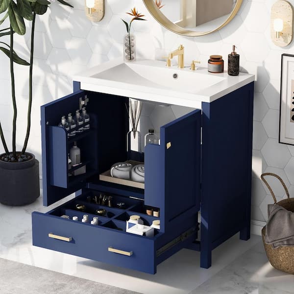 Nivencai 30 in. W x 18 in. D x 34 in. H Single Sink Freestanding Bath Vanity in Blue with White Resin Top