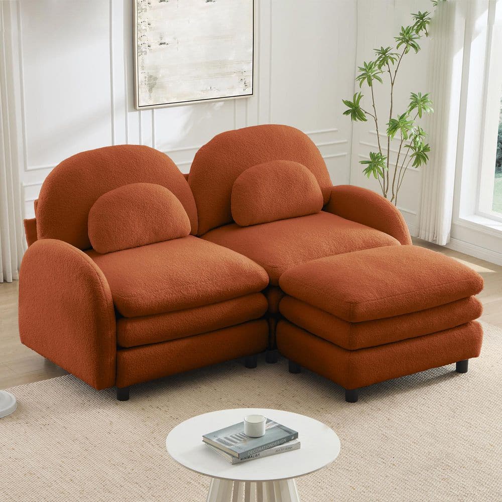 Derek 68.5 in. Flared Arms Fabric L-Shaped Sectional Sofa in Orange, Curved Backrest, Curved Lumbar Pillows, Ottoman