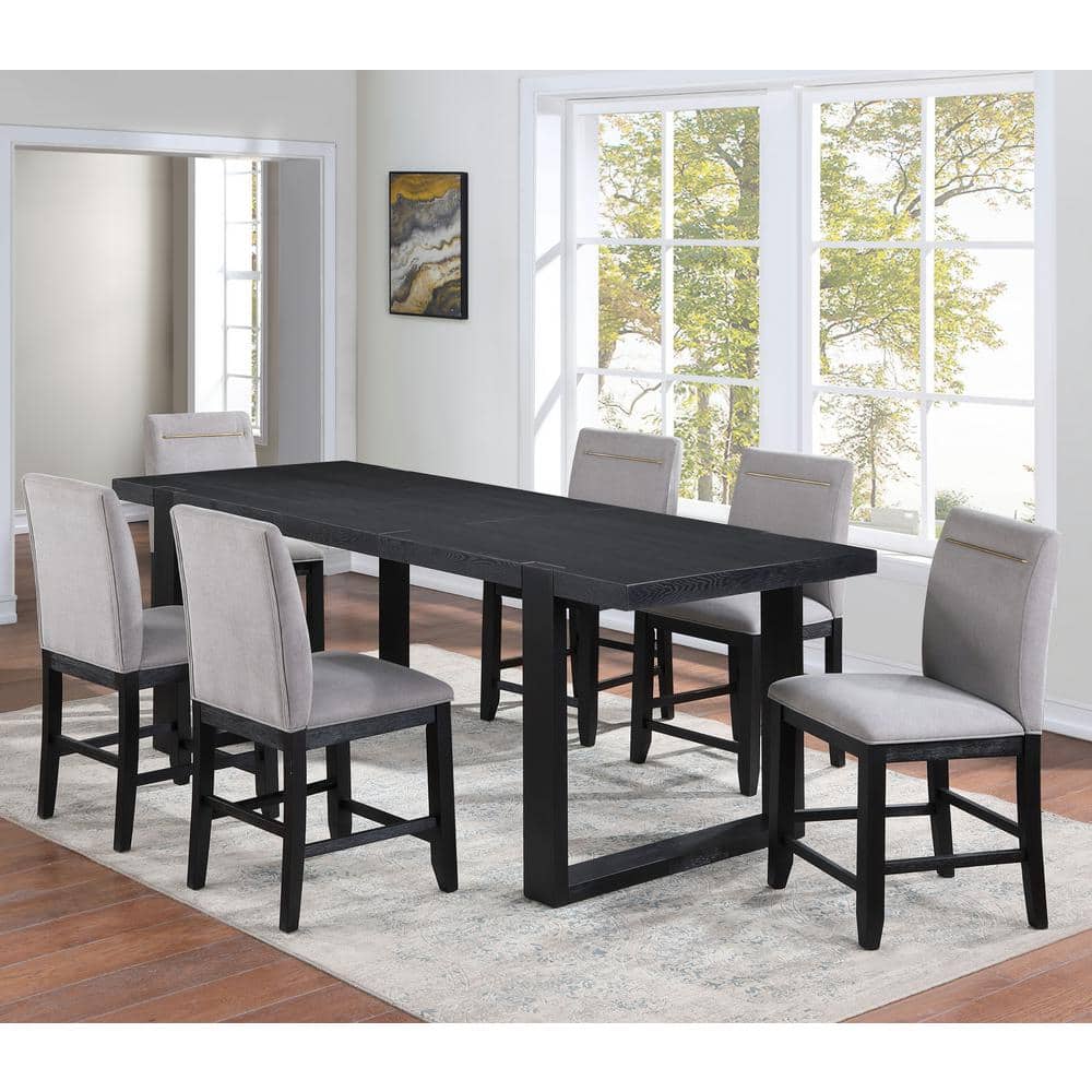 Gray Fabric and Charcoal Wood Counter Stools with Gold Accent
