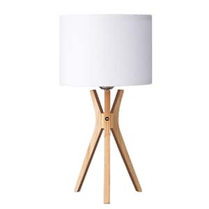 17.5 in. Natural Wooden Tripod Transitional Table Lamp with Fabric White Shade