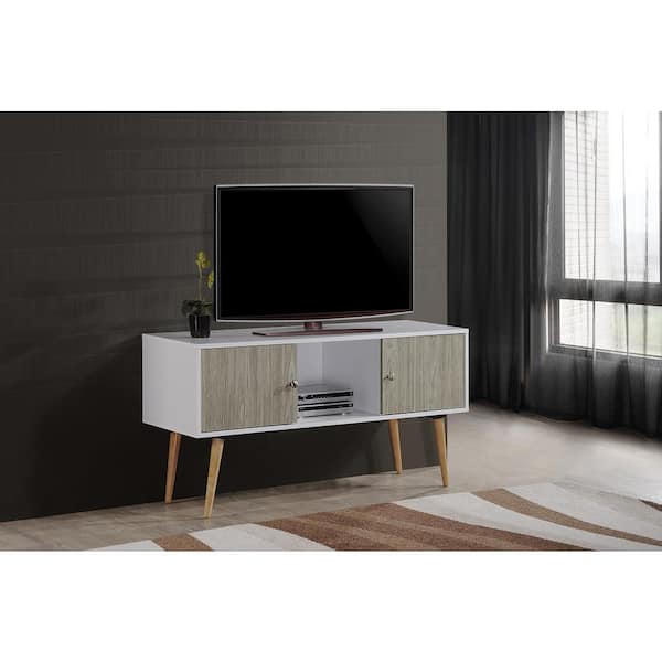 HODEDAH 47 in. White and Gray Oak Wood TV Stand Fits TVs Up to 60 in. with Storage Doors