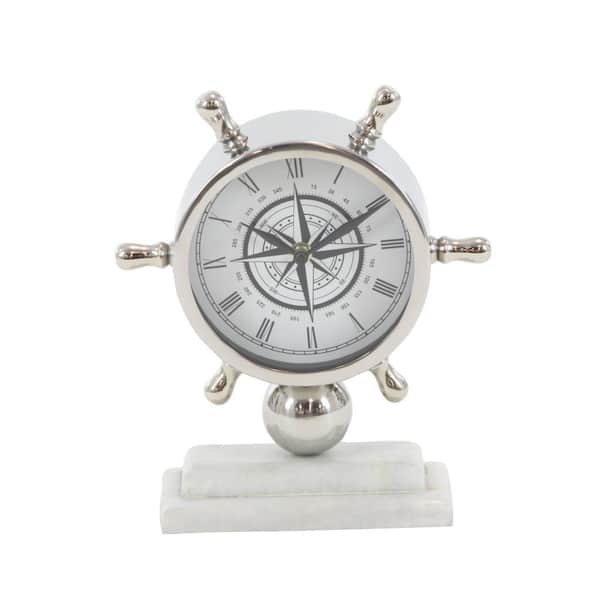 Litton Lane 9 in. x 8 in. Silver Stainless Steel Ship Wheel Analog Clock with Marble Base