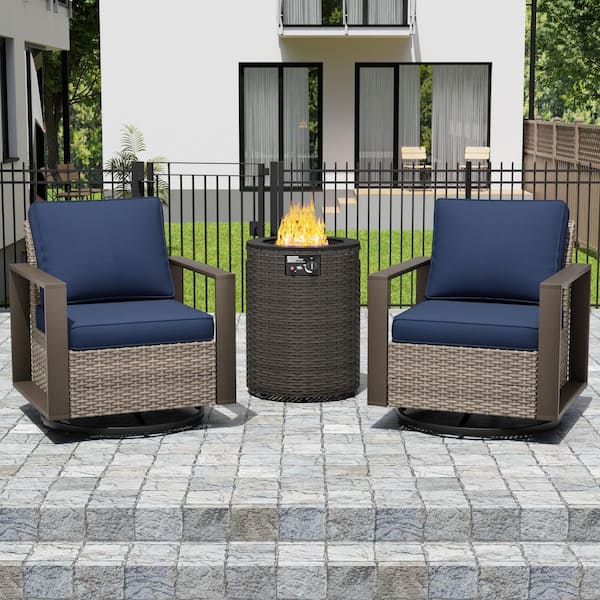3-Piece Brown Metal Arm Frame Outdoor Fire Pit Patio Sets Rocking Swivel Chairs with Dark Blue Cushions and Fire Pit
