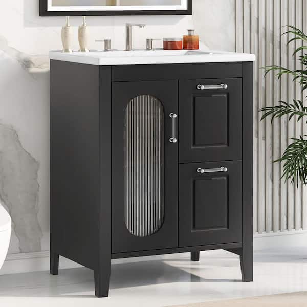 24 in W x 18.3 in. D x 33.2 in H Single Sink Freestanding Black Bath Vanity with White Ceramic Top and Adjustable Shelf