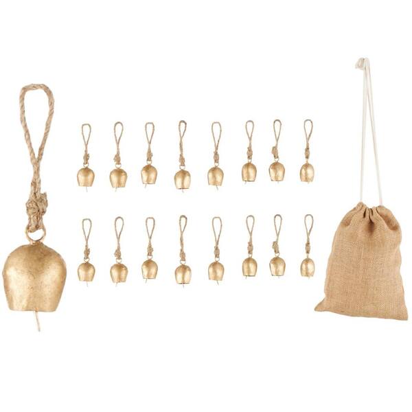 Litton Lane Gold Metal Tibetan Inspired Round Decorative Bells with Brown Jute Rope and Canvas Drawstring Tote (18-Pack)