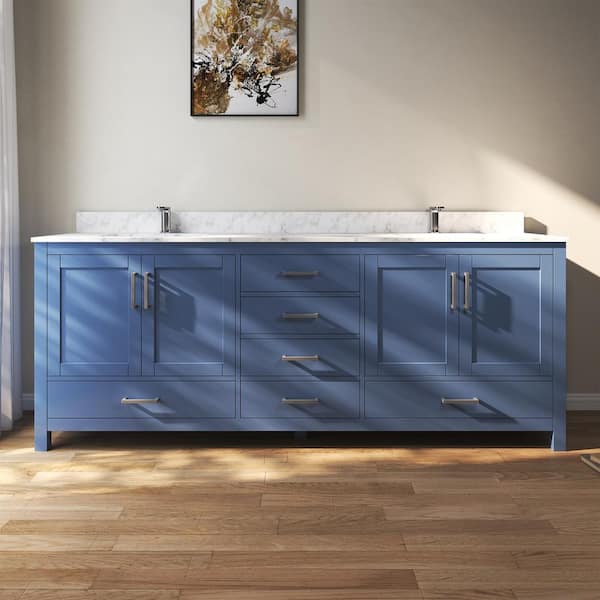 84 in. W x 22 in. D x 35 in. H Double Sinks Bath Vanity Cabinet in Blue with Cultured Marble Top