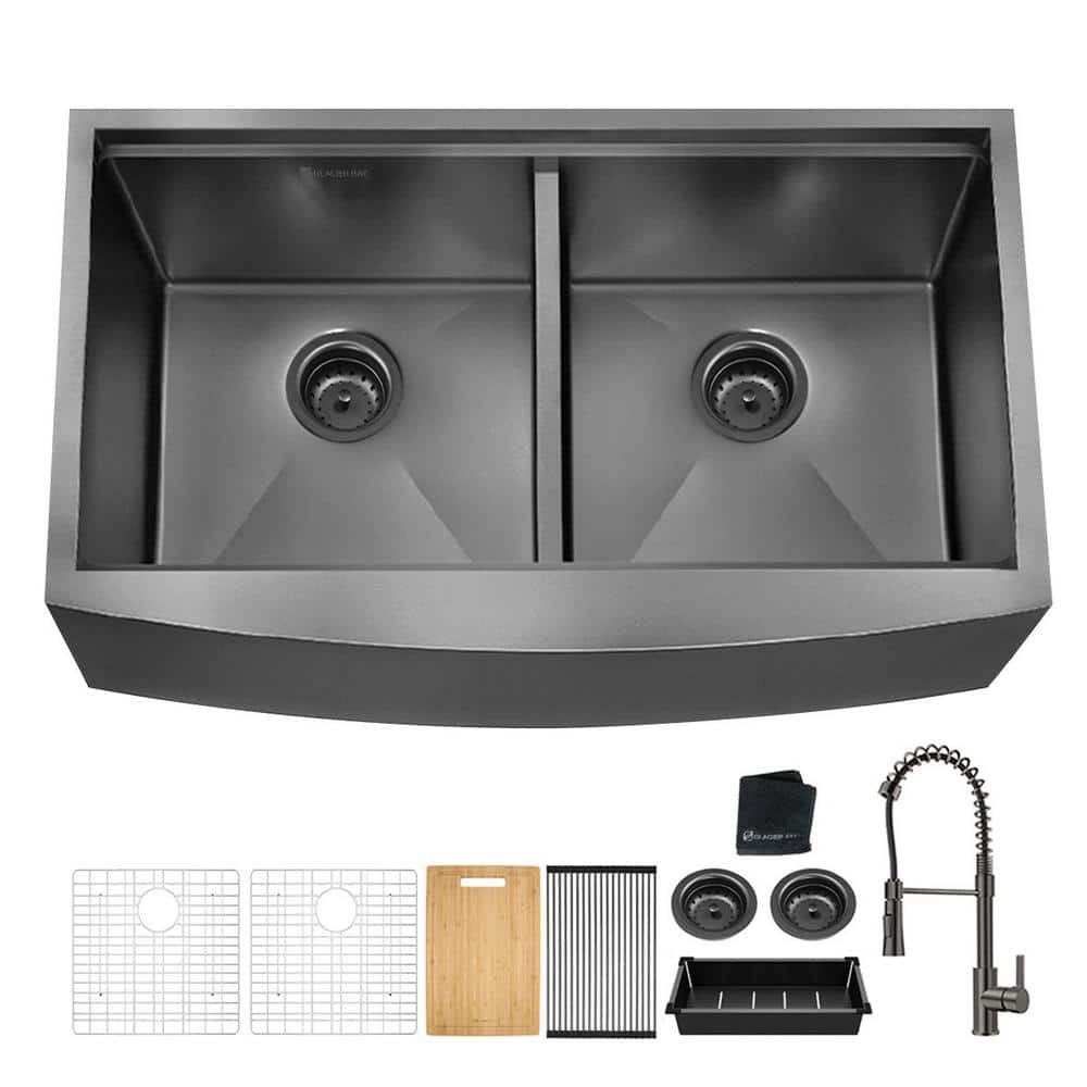 Glacier Bay 36 in. Undermount Double Bowl 18 Gauge Gunmetal Black Stainless  Steel Workstation Kitchen Sink with Spring Neck Faucet ACS3622A2Q-FW - The  