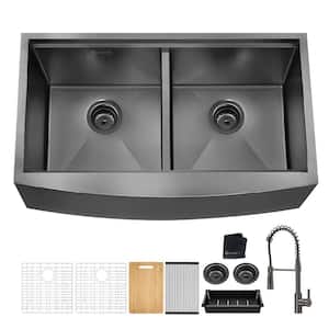 36 in. Undermount Double Bowl 18 Gauge Gunmetal Black Stainless Steel Workstation Kitchen Sink with Spring Neck Faucet