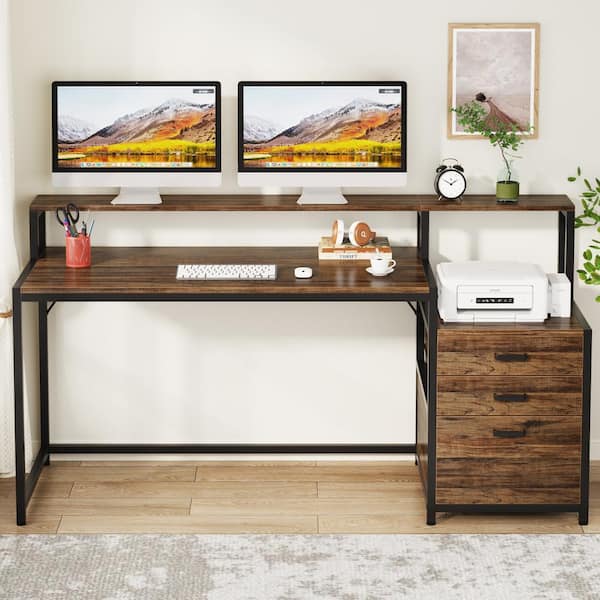 Computer Desk with Drawers and Storage Shelves, 48 inch Home Office Desk  with Monitor Stand, Work Study PC Desk for Small Spaces, Rustic Brown 