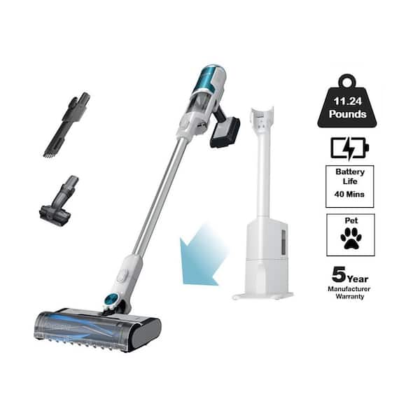 Clean and Empty Bagless Cordless HEPA Filtration Stick Vacuum and Auto-Empty System Multi-Surfaces in White/Peacock
