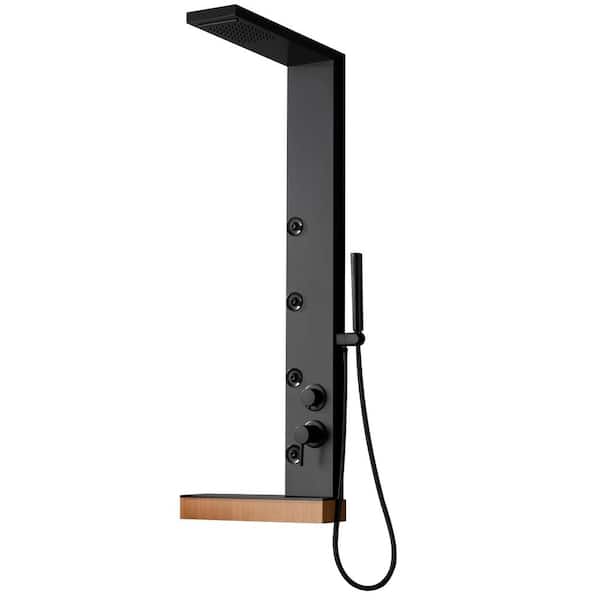 BWE 4-Jet Rainfall Shower Tower Shower Panel System with Shelf Rainfall Waterfall Shower Head and Shower Wand in Matte Black