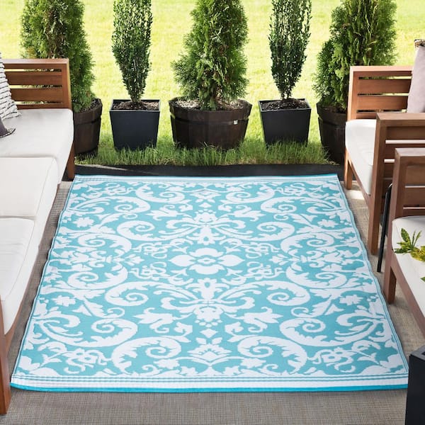 Tayse Rugs Sunset Scroll Aqua 5 ft. x 7 ft. Indoor/Outdoor Area Rug SUN1601  5x7 - The Home Depot