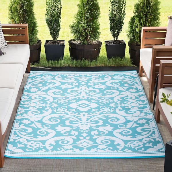 Sunset Scroll Aqua 9 ft. x 12 ft. Indoor/Outdoor Area Rug