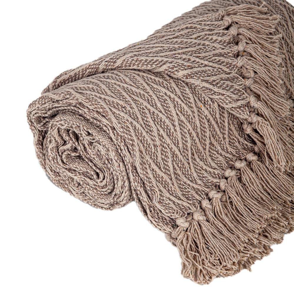 Handloomed Beige Cotton Chevron Throw Blanket with Tassels 52"x67"