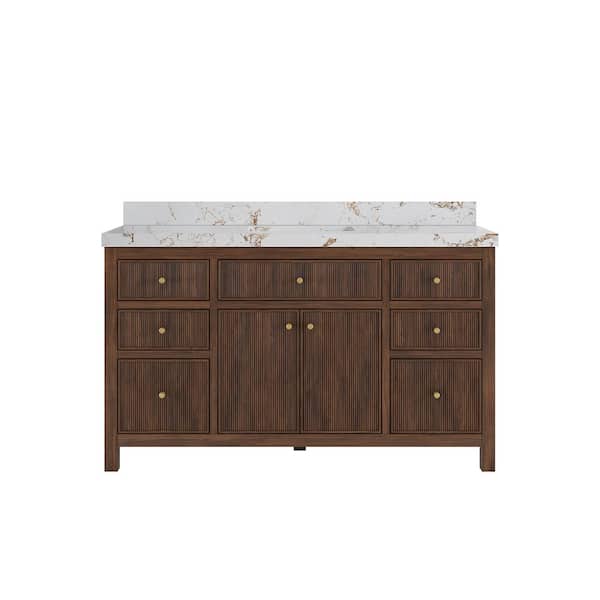 Willow Collections Sonoma Teak 60 in. Single Sink Freestanding Dark Walnut Bath Vanity with Viola Gold Quartz Top Unassembled