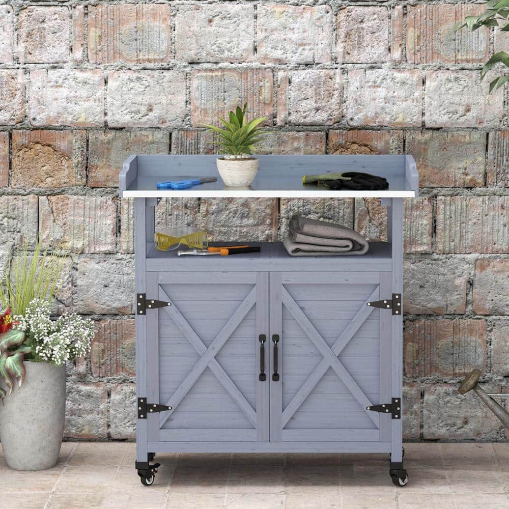 Gray Wooden Potting Bench with Aluminum Top and Storage