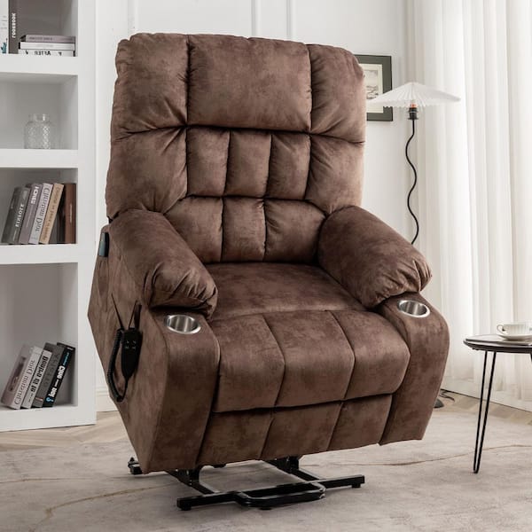 180° Lay Flat Dual Motor 25.59 in. Extra Wide Brown Short Plush Power Recliner Chair with Heat and Massage