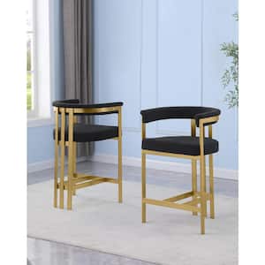 Riley 30 in. Black Color Low Back Metal Frame Matte Brushed Gold Chrome Base Bar Stool With Boucle Fabric Set of 2