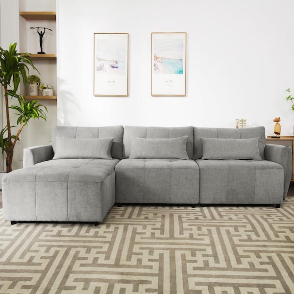 Harper & Bright Designs 113.3 in. Flared Arm 4-Pcs L Shaped Chenille Modern Sectional Sofa in. Gray with Movable Ottoman and USB Ports