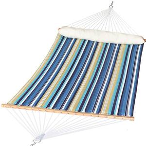 12 FT Quilted Fabric Double Hammock with Spreader Bars and Detachable Pillow-Blue/Beige