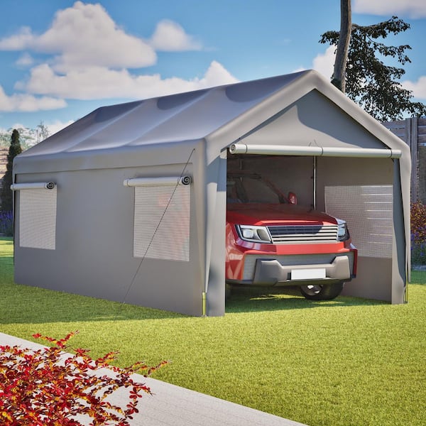 10 ft. W x 19.45 ft. D x 9 ft. H Gray Steel Garage Carport with Removable Sidewalls and Roll-up Ventilated Windows
