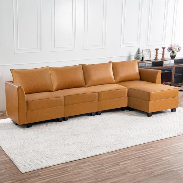 HOMESTOCK 112.8 in. Faux Leather Modern 4-Seater Upholstered Sectional 1-Piece Sofa Bed with Ottoman in. Caramel