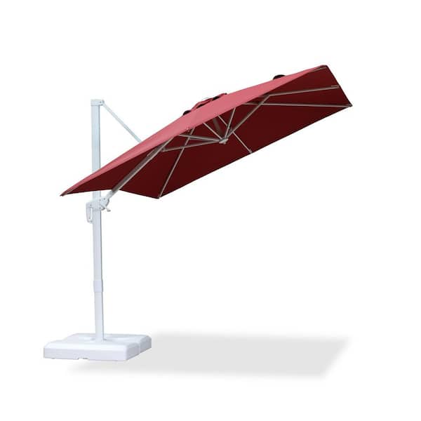 PURPLE LEAF 8 ft. Square Outdoor Cantilever Patio Umbrella White Aluminum Offset 360° Rotation Umbrella with Base, Red